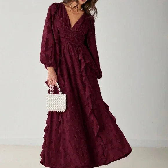 Burgundy Elegant Women's V-Neck Lantern Sleeve Flounce Hem Maxi Dress - Picture 3 of 8